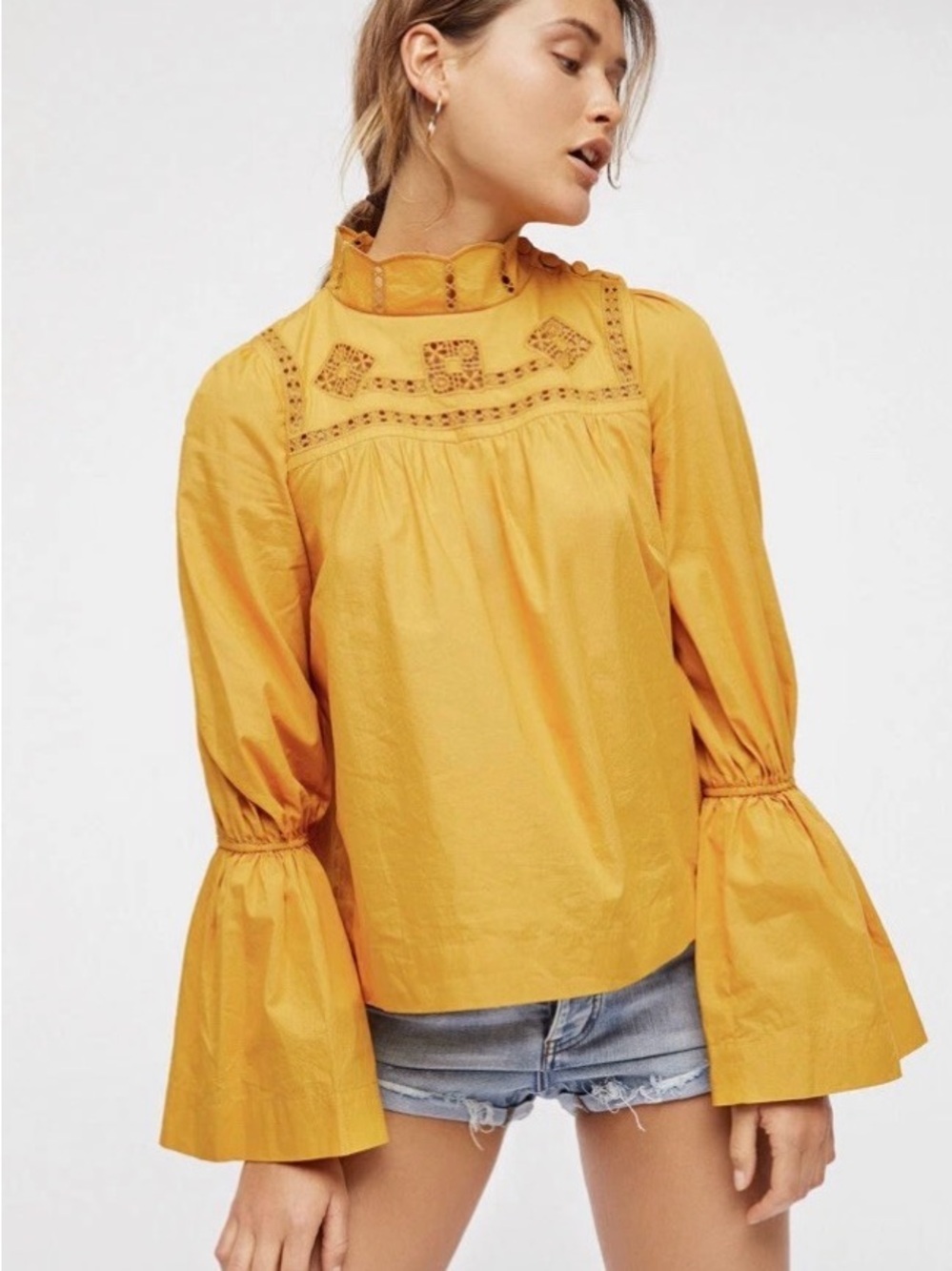 Free People Another Eternity 100% Cotton Mustard Yellow, Bell Sleeve Top, Small